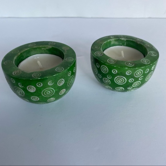 Soapstone Votive Candle Holders 2 Kelly Green Carved Round Etched swirled EUC - Picture 14 of 14